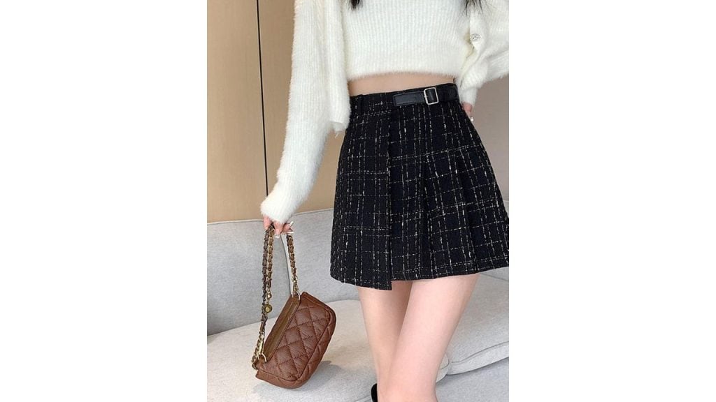 LULU & SKY Tweed Pattern Belted Waist A-Line Mini Skirt