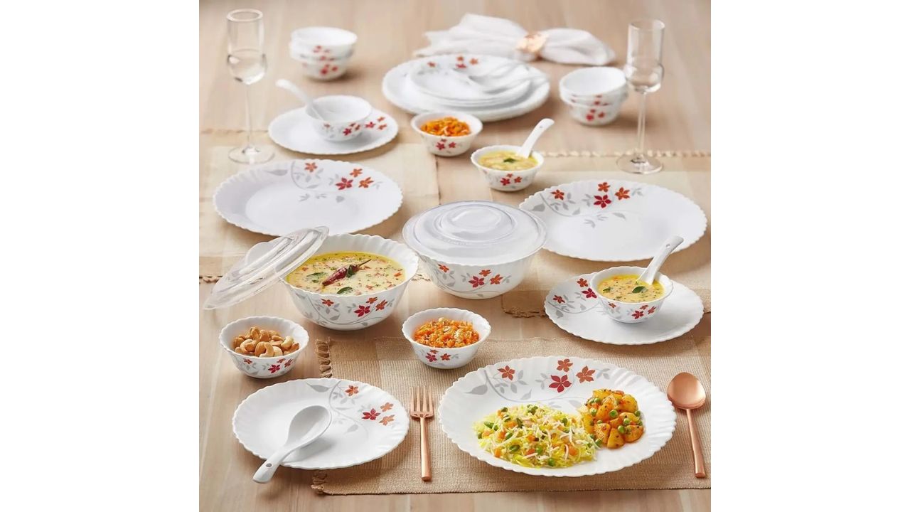 Larah by Borosil Pack of 34 Opalware Galaxy Rosalie Crockey Set for Dining & Gifting, Plate & Bowl Dinner Set
