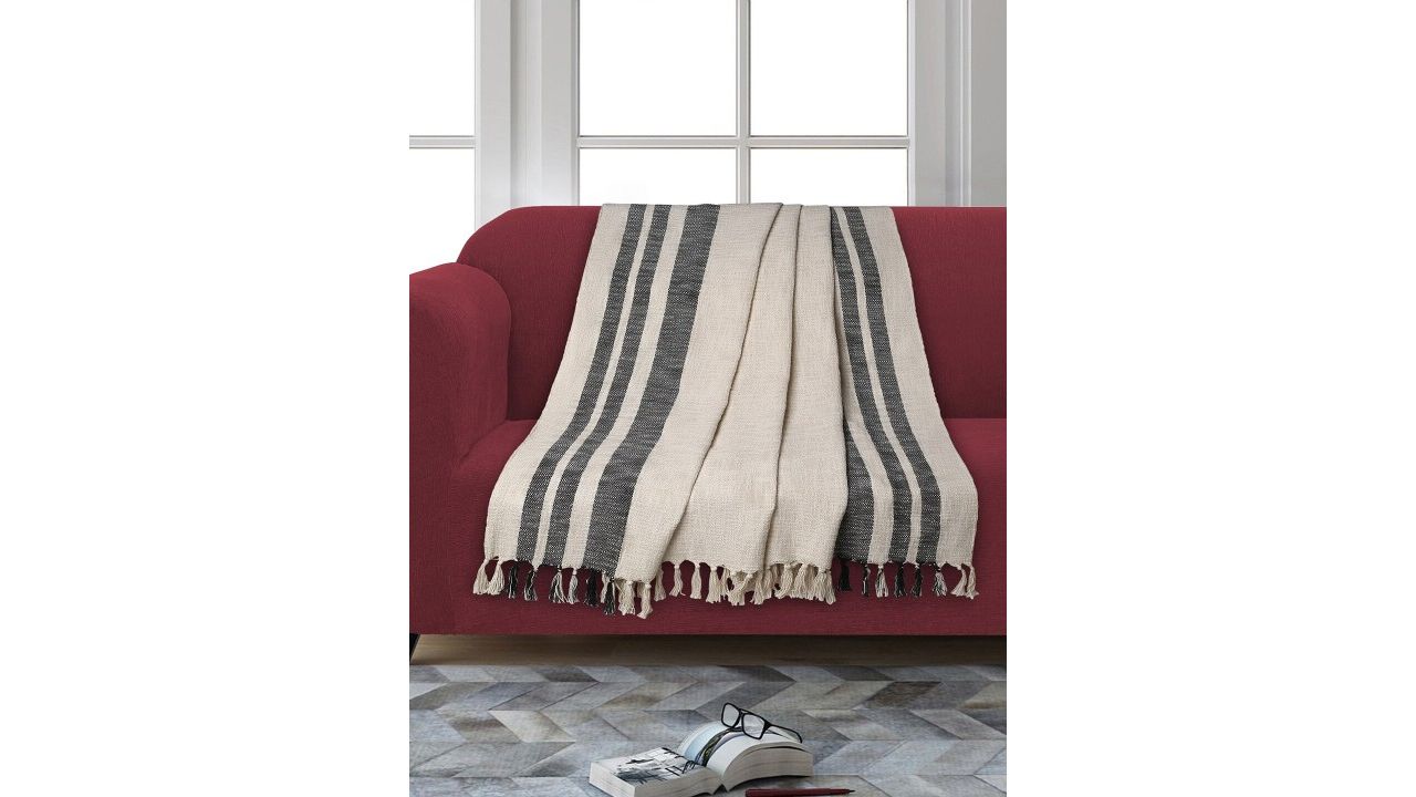 Mezposh Droplet Cream & Black Cotton Viscose Blend Striped Sofa Throw