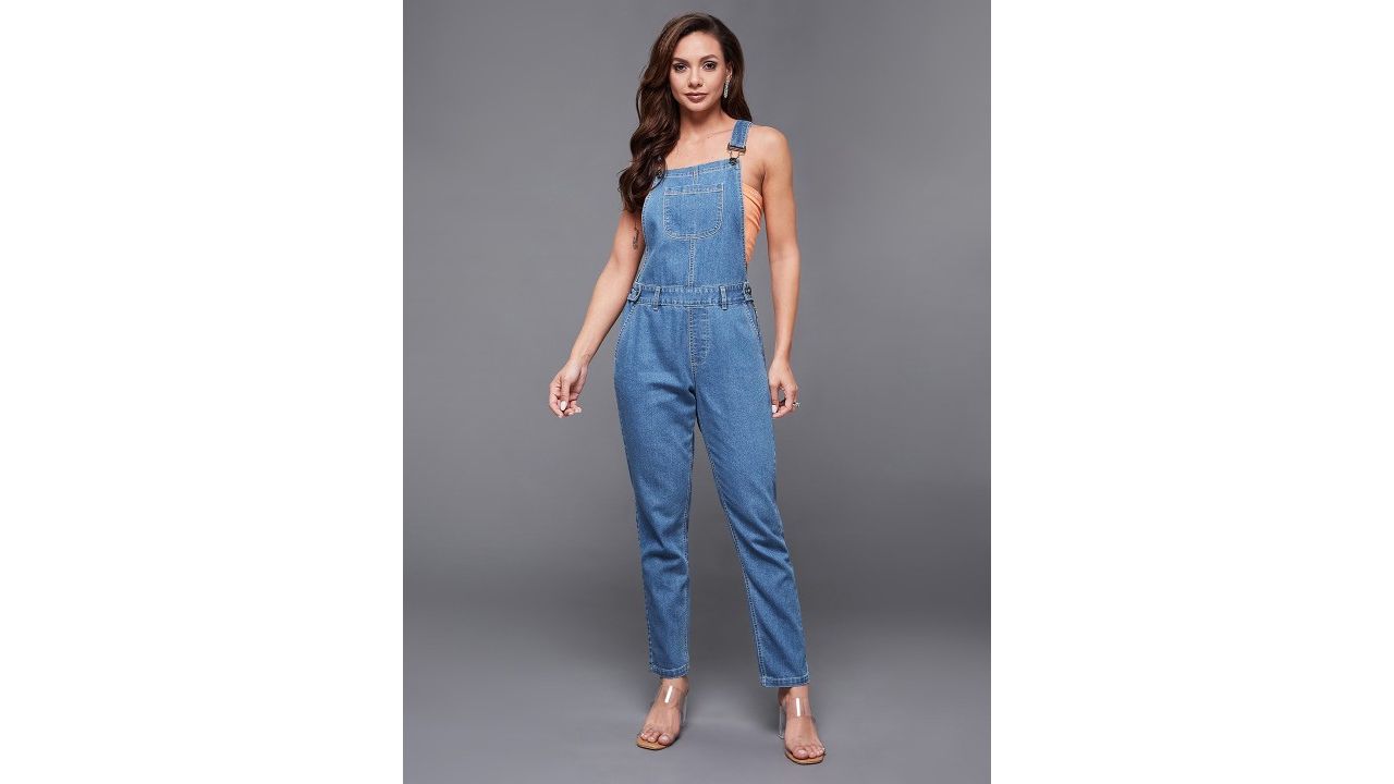 Miss Chase Women Blue Solid Slim Fit Denim Dungarees