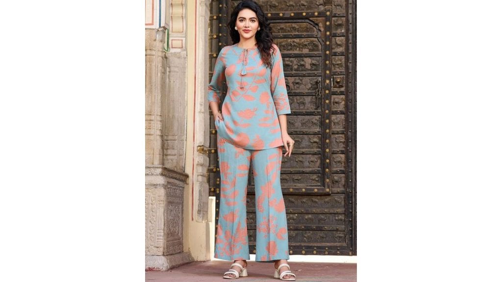 Moda Rapido Printed Tie-Up Neck Tunic With Trouser