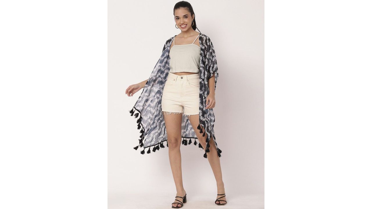 Moomaya Floral Printed Kimono Sleeves Tassels Open Front Shrug