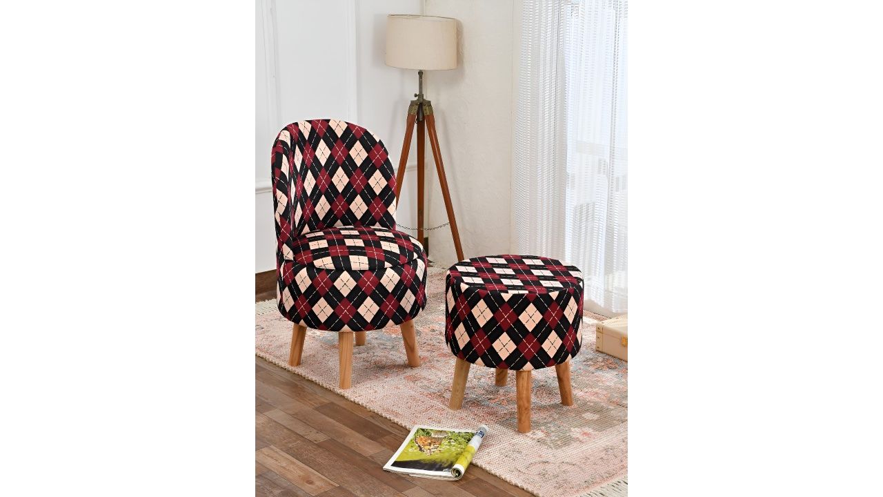 NACIA Black & Maroon 2 Pieces Printed Wooden & Velvet Cylindrical & Round Pouffe Ottomans