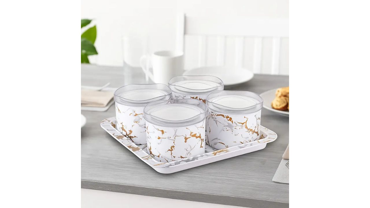 NIJEN DRY FRUIT BOX ROUND 4PCS. WHITE WITH MARBAL PRINTED DESIGN Tray, Bowl Serving Set