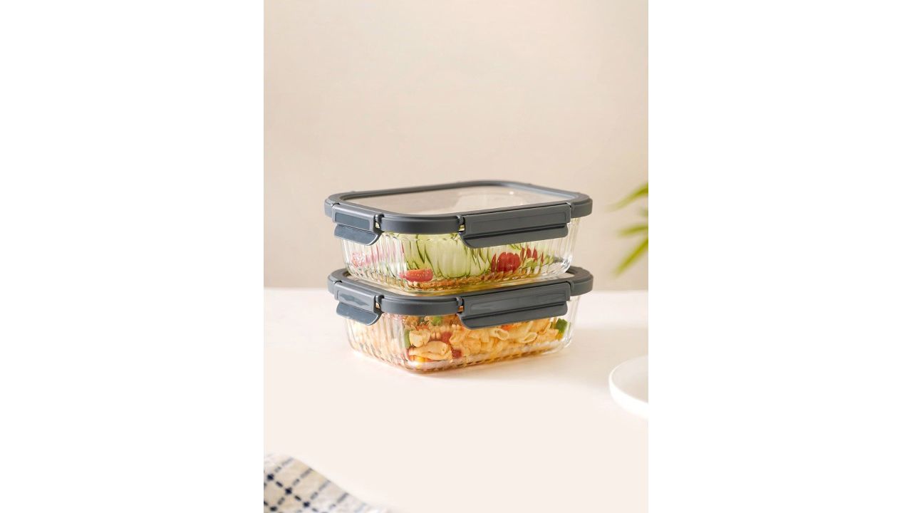 Nestasia Transparent & Grey 2 Pieces Glass Lunch Boxes