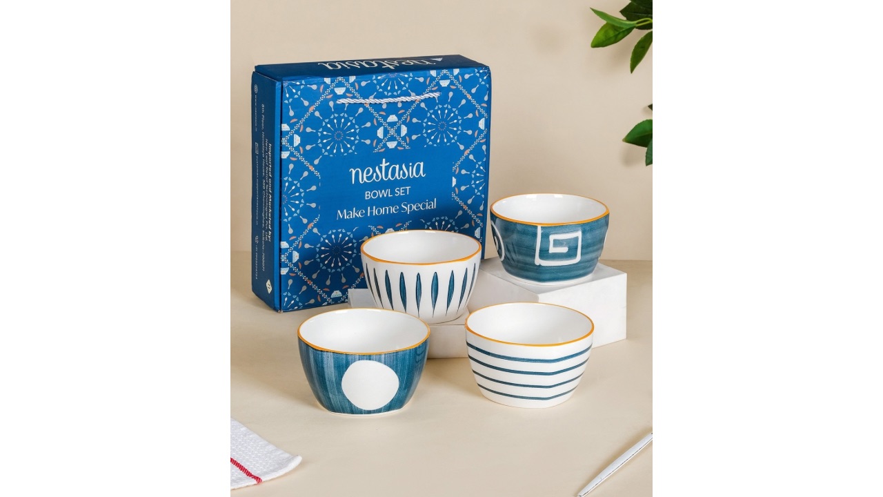 Nestasia4 Pcs White & Blue Ceramic Side Bowls 350 ml Each