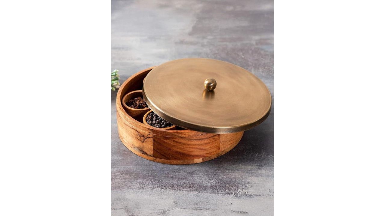 Nestroots Acacia Wooden Masala Box with 7 Wooden Masala Jar