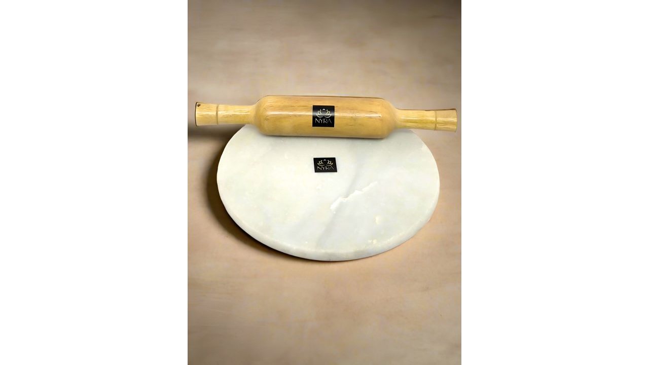 Nyra Kitchenware White & Brown Marble Rolling Pin With Board