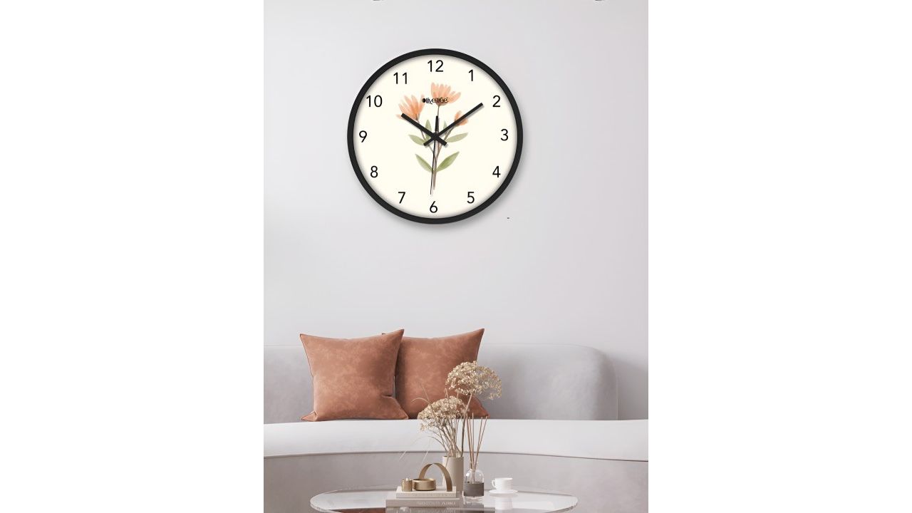 OLIVE TREE Black & Peach Printed Round Shaped Contemporary Analogue Wall Clock