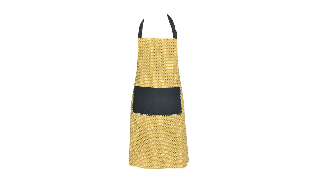 Ode & Cleo Yellow & White 3 Pieces Printed Cotton Apron With Glove & Pot Holder