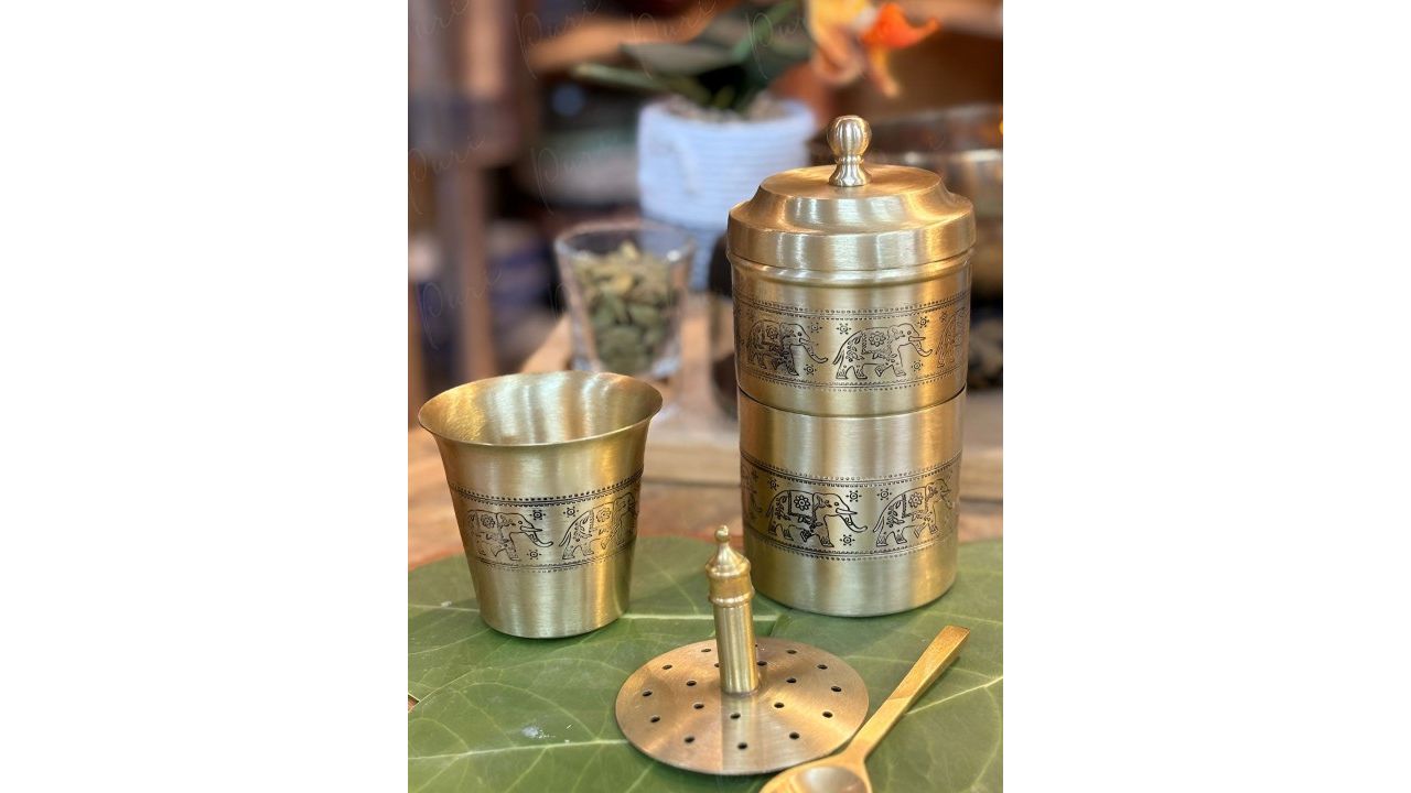 PURI Elephant Marathon Brass Matt Finish Coffee Filter with Dabara & 1 Small Spoon 150ml