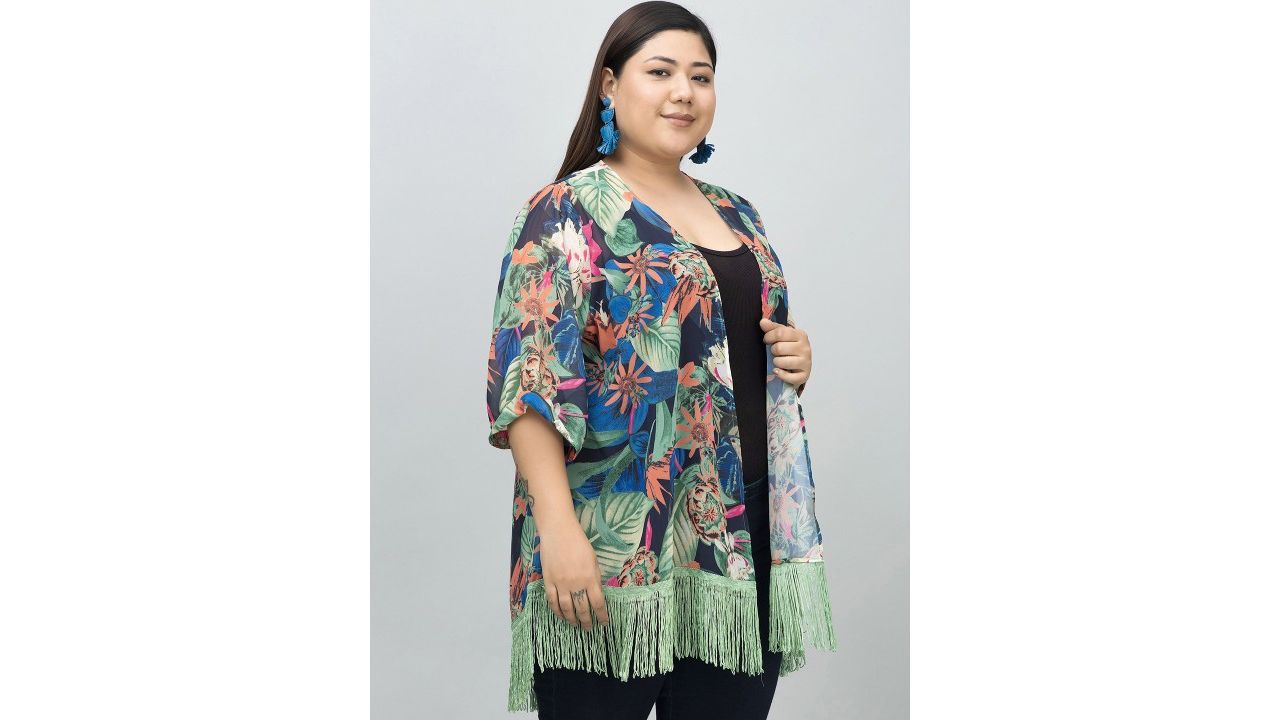 PURYS PLUS Tropical Printed Tasselled Longline Kimono Shrug