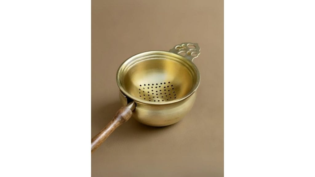 Peepul Tree Gold Toned Brass Tea Strainer With Bowl
