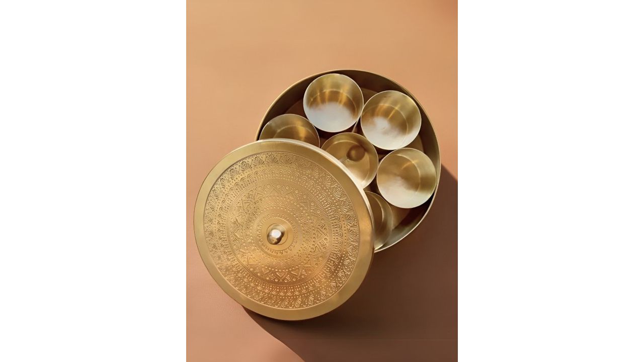 Peepul Tree Yellow Brass Textured Easy to Clean Masala Box