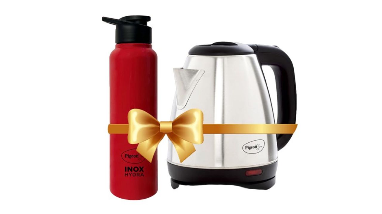Pigeon Silver Colored Red Electric Kettle 1.5L With Stainless Steel Water Bottle 750 ml