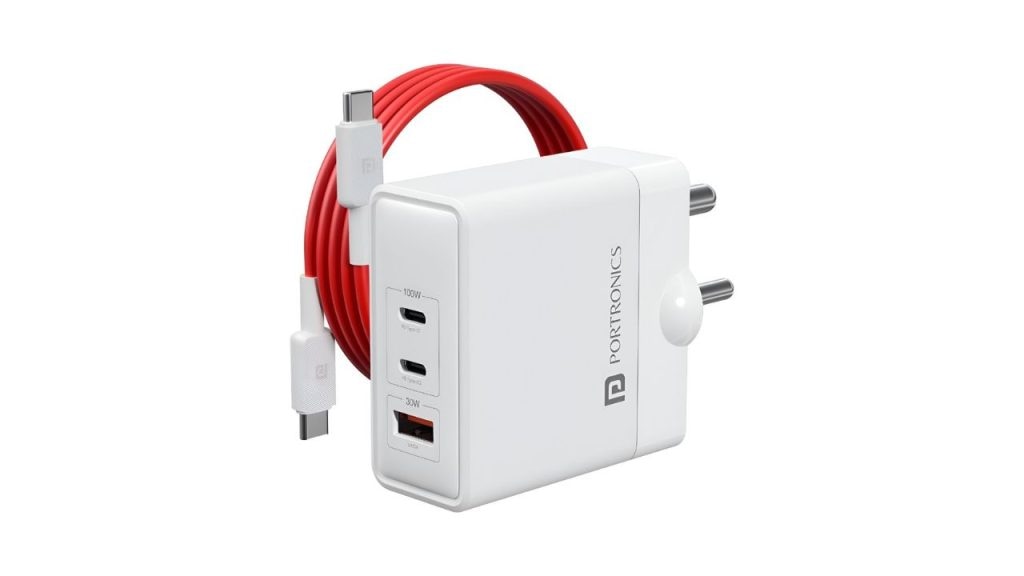 Portronics100W Adapto 100 GaN Fast Charging Triple Port Adaptor With Type C Cable