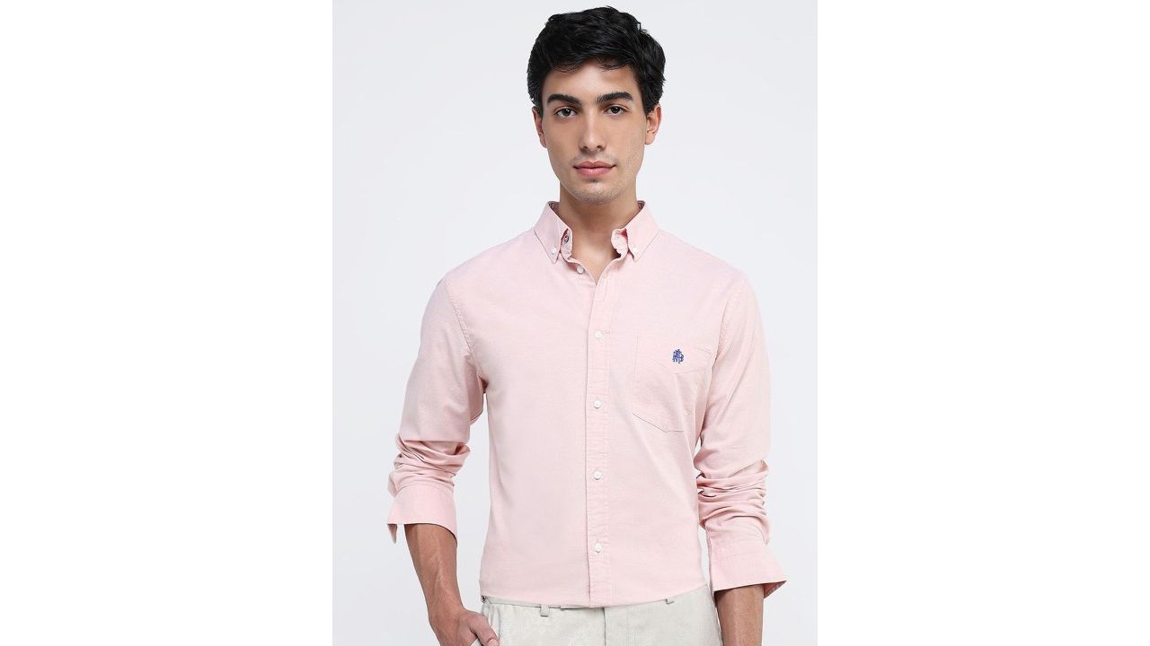 RARE RABBIT Men Comfort Button-Down Collar Solid Cotton Formal Shirt