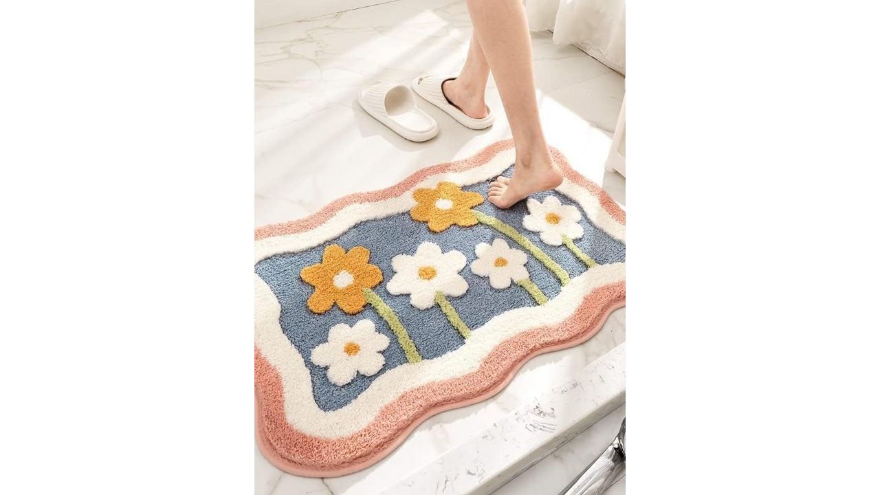 ROSEATE Grey & White Floral Microfiber 2000 GSM Anti-Skid Bath Rug