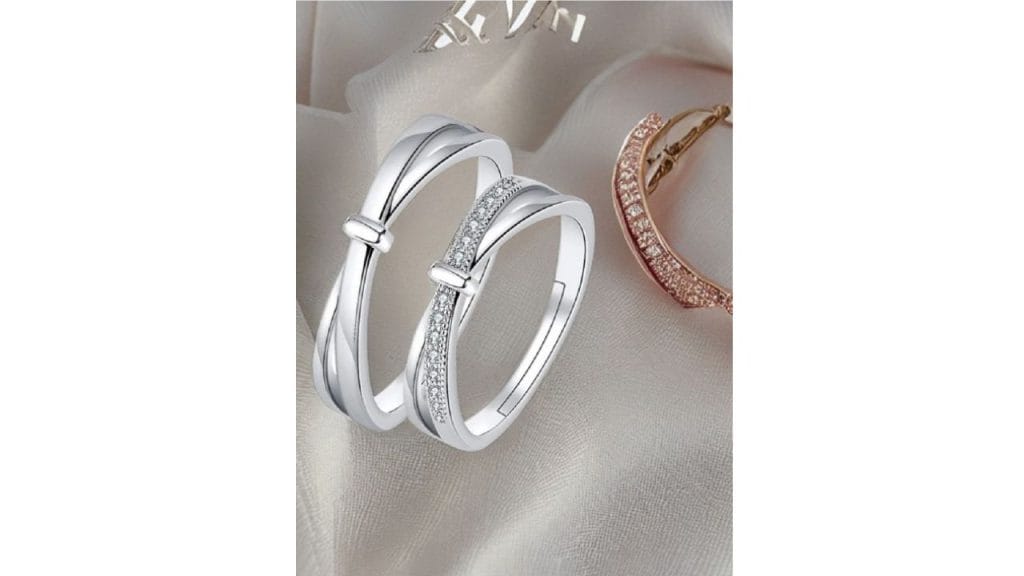 RUHI COLLECTION Unisex Set Of 2 Silver-Plated Stainless Steel CZ-Studded 7028 Couple Rings
