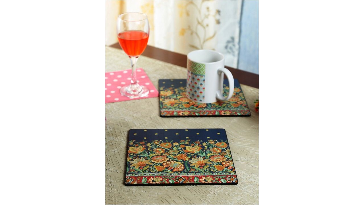 Reinvention Factory Set of 4 Navy Blue & Yellow Printed Wood Coaster