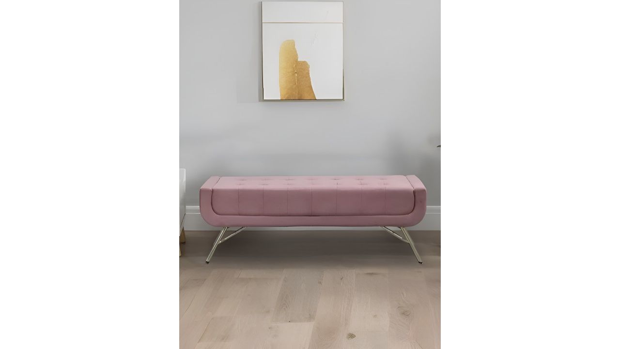 Royaloak Blush Pink Velvet & Metal Rectangular Ottoman Bench