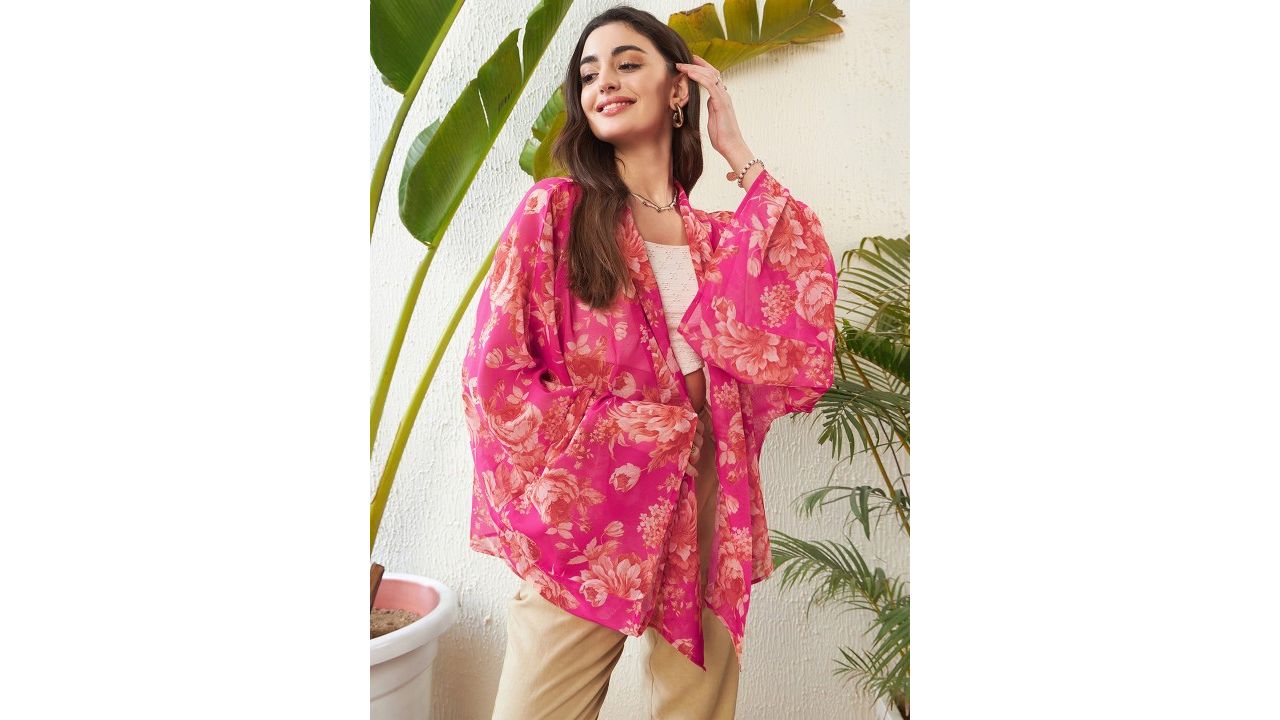 SASSAFRAS Pink Floral Printed Front Open Kimono Shrug