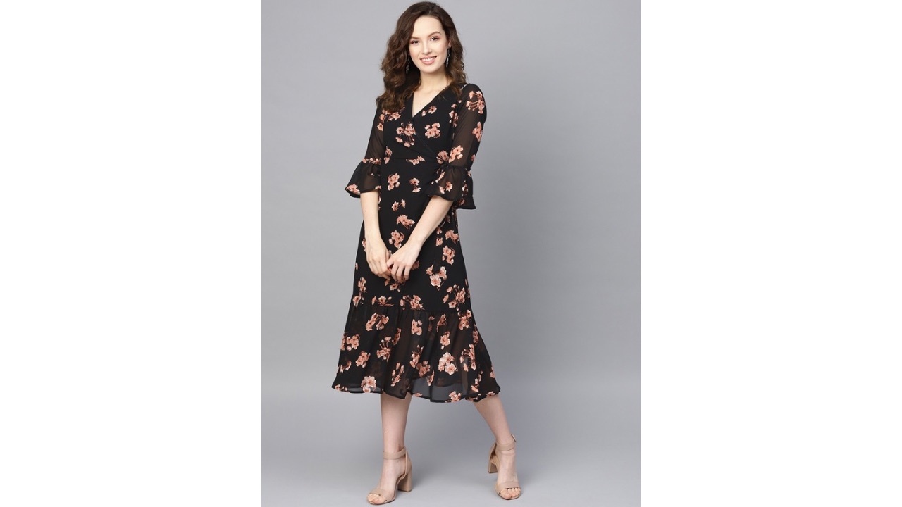 SASSAFRASBlack & Pink Floral Printed Wrap Dress