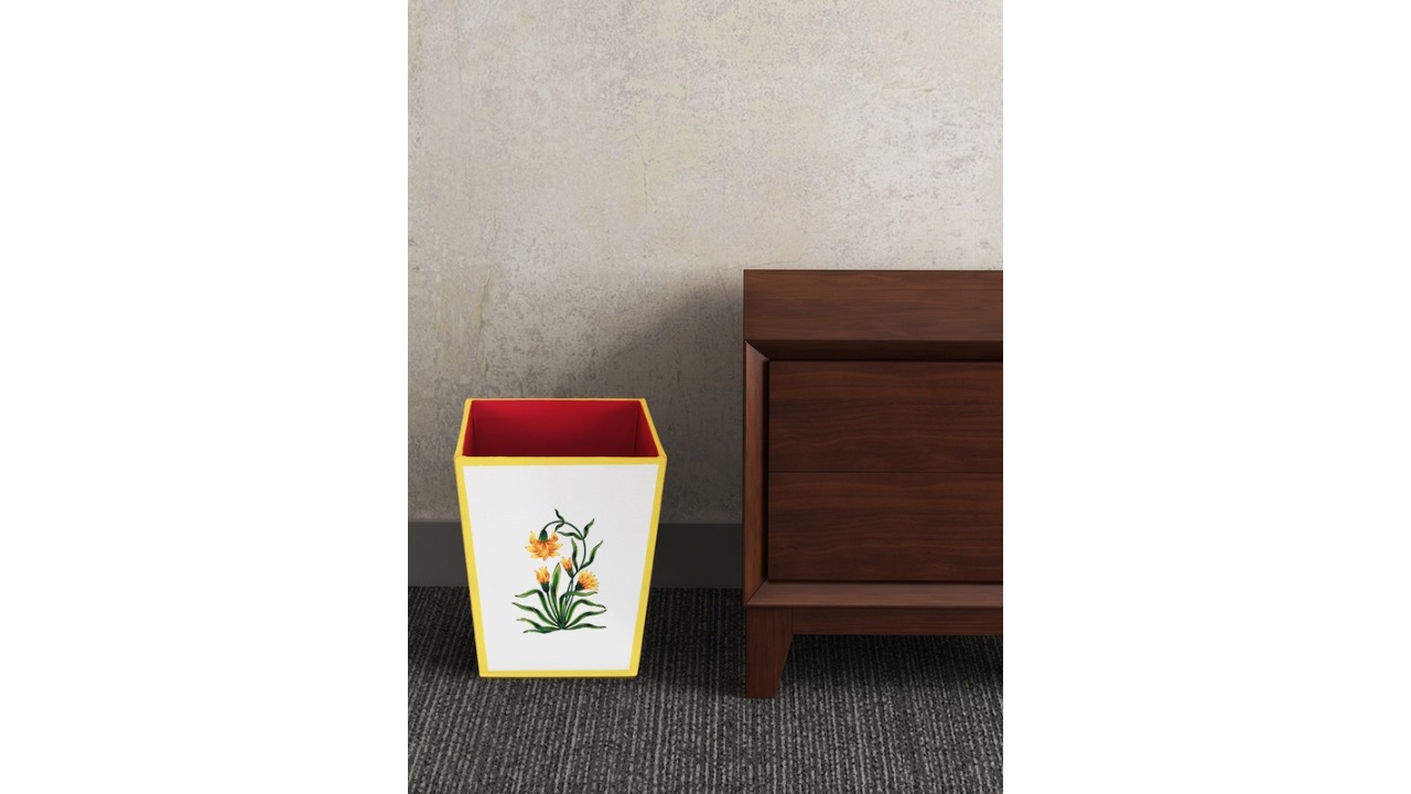 SEJ by Nisha GuptaYellow & White Printed Wooden Open Dry Bin