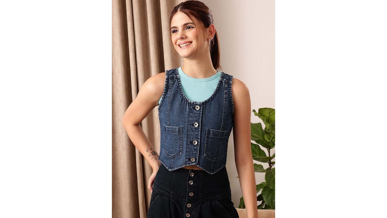 STREET 9 Sleeveless Crop Cotton Denim Jacket