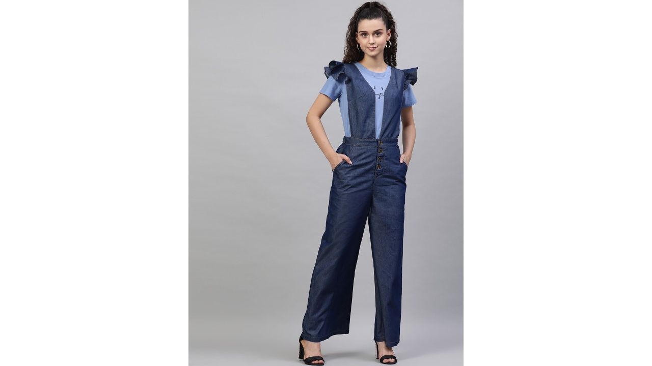 STREET 9 Women Blue Solid Denim Front Open Jumpsuit