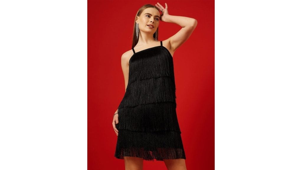 STREET 9Black Fringed Shoulder Straps Satin Bodycon Dress