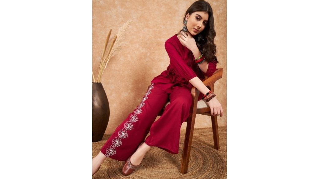 SangriaEmbroidered Top With Palazzo Co-Ords