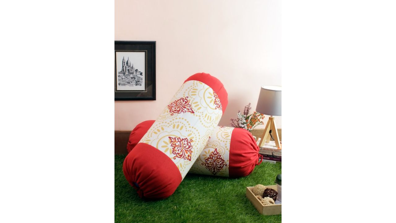 SoumyaSet of 2 Red & White Printed 200TC Cotton Bolster Covers