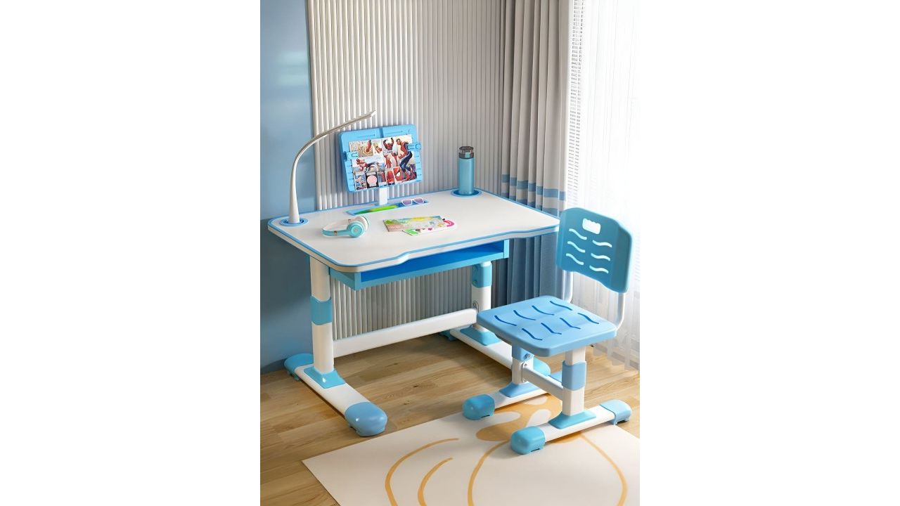 StarAndDaisy Kids Blue & White Wooden Study Table & Chair With LED Lamp