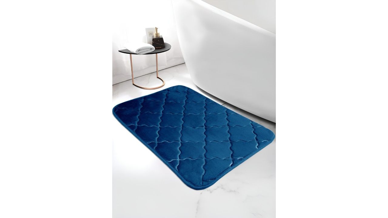 Story@home Blue Textured Microfiber Anti Skid 210 GSM Bath Rug