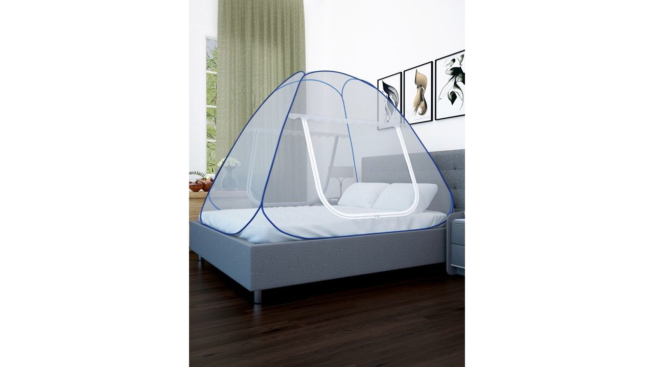Story@home White & Blue Sheer Queen Foldable Tent Mosquito Net with Bag