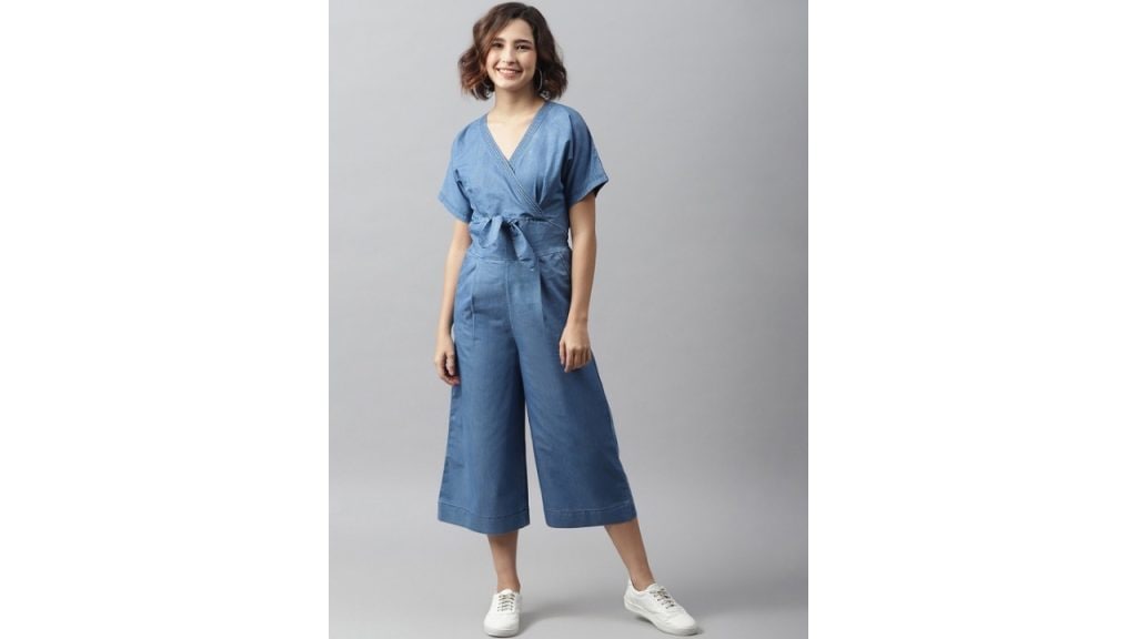 StyleStoneBlue Front Knot Denim Culotte Jumpsuit