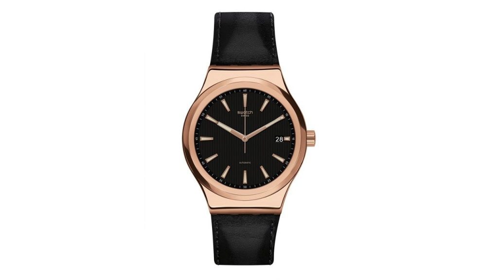 Swatch Unisex Gold-Toned Dial & Black Leather Straps Analogue Watch