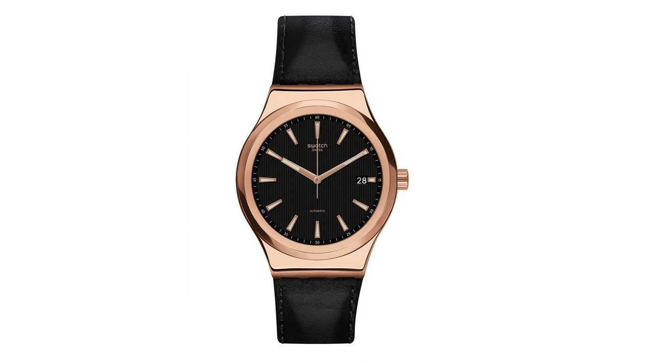 Swatch Unisex Gold-Toned Dial & Black Leather Straps Analogue Watch