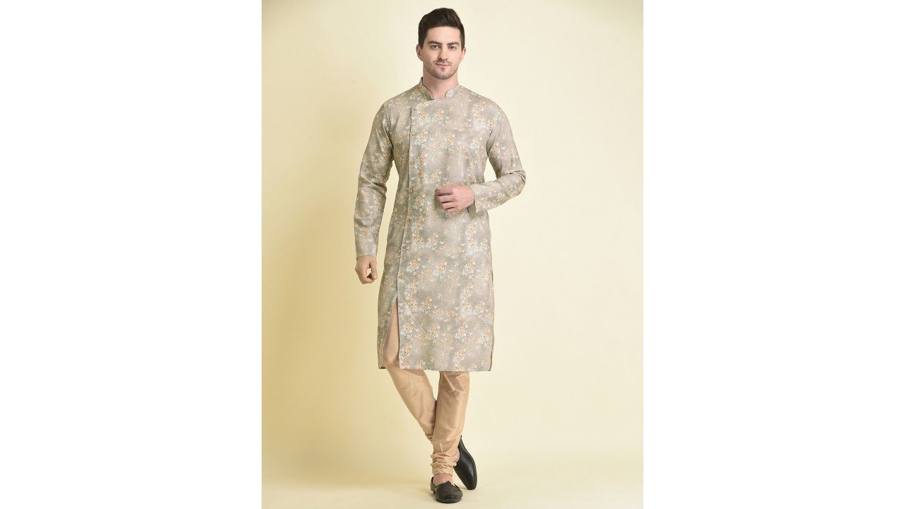 TABARD Men Mauve & Grey Floral Printed Cotton Angrakha Kurta