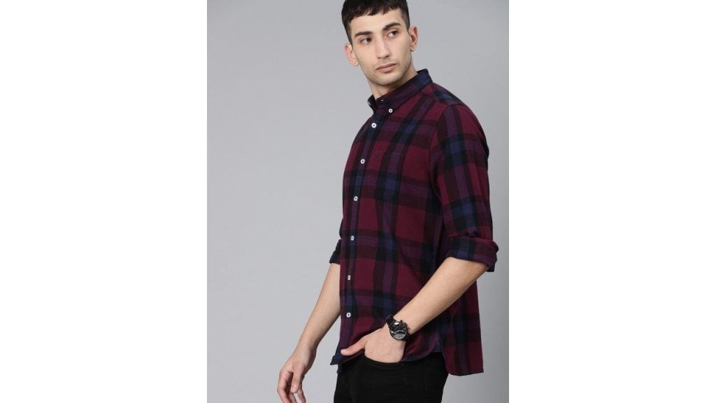 THE BEAR HOUSE Men Maroon & Navy Blue Slim Fit Checked Flannel Casual Shirt