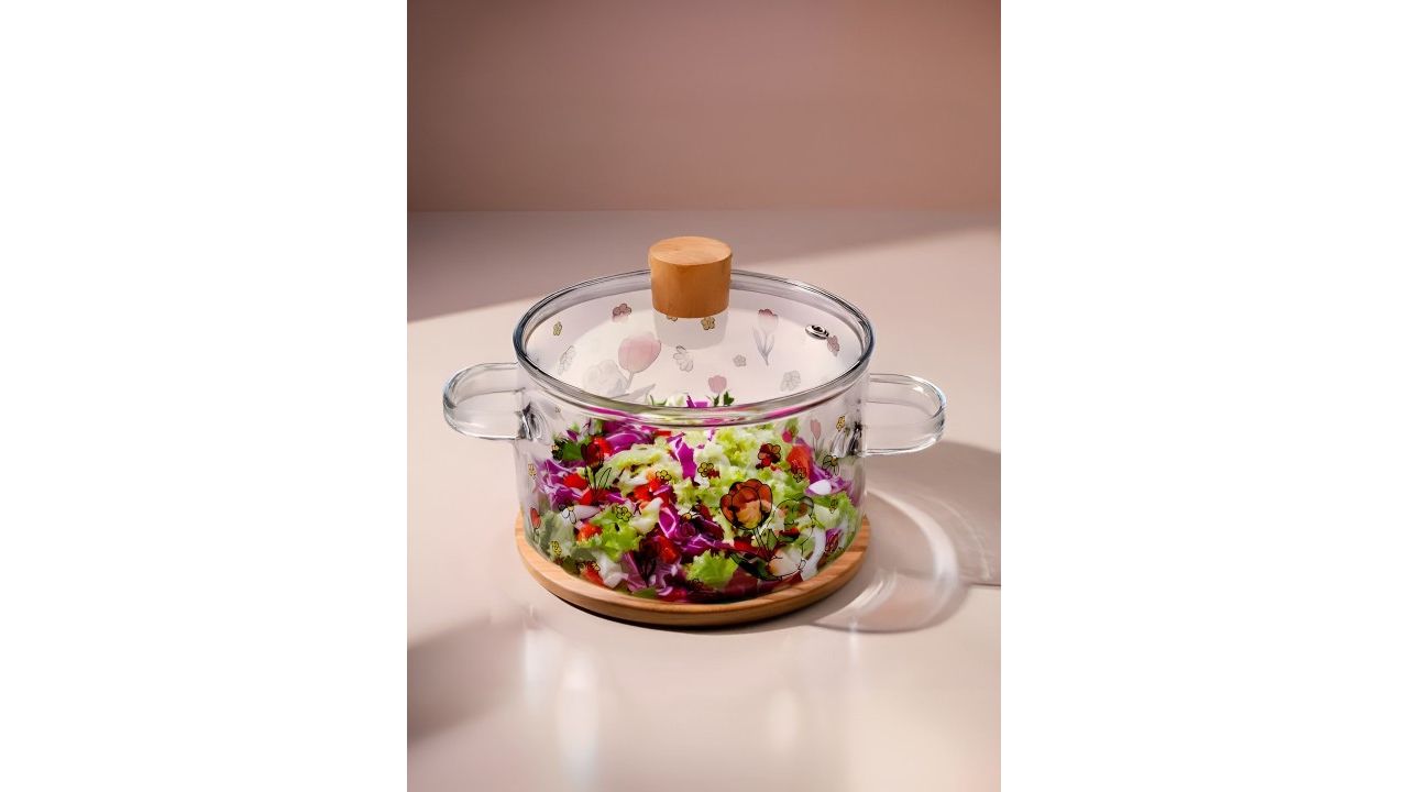 The Better Home Transparent & Yellow Printed Glass Tope With Lid 1.45 L