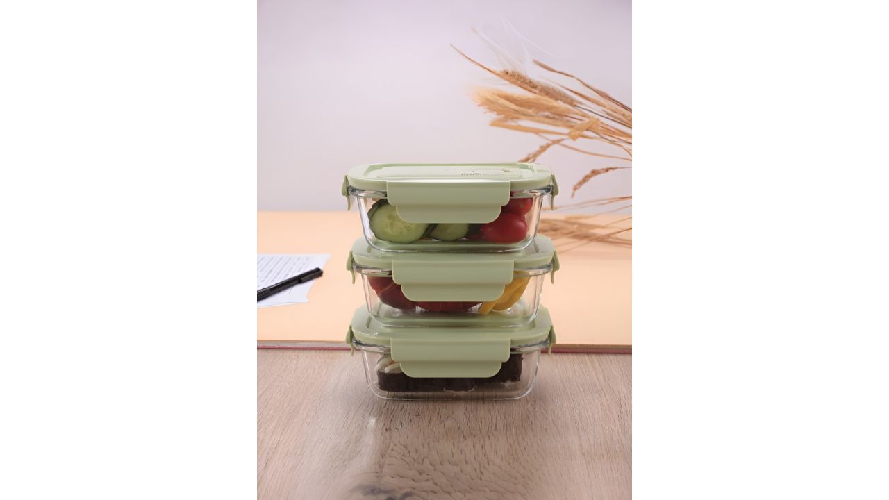 The Better HomeGreen Solid Glass Air Tight 3 Piece Latch Canister Set-410ml