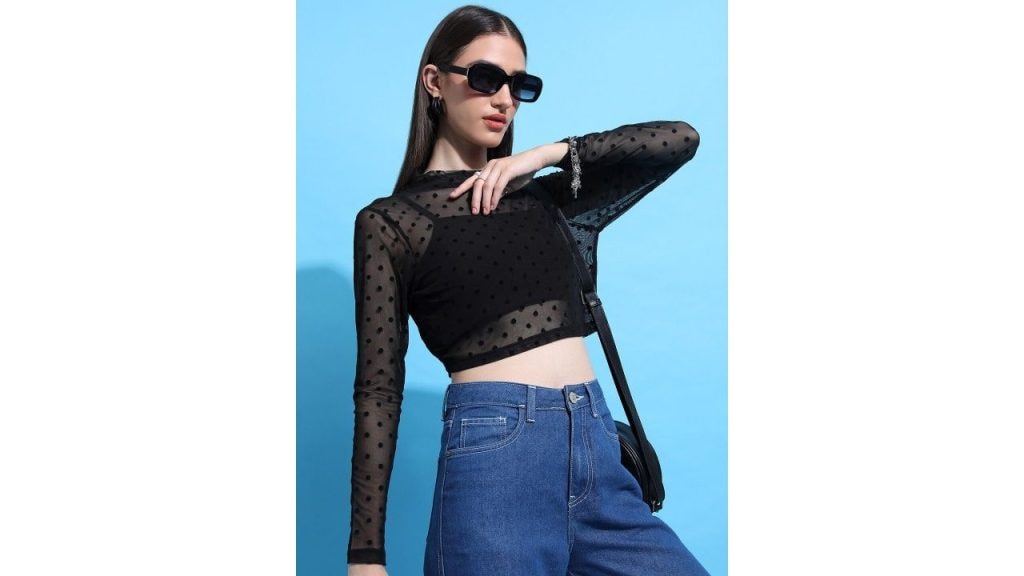 Tokyo Talkies Black Self Design Sheer Crop Top
