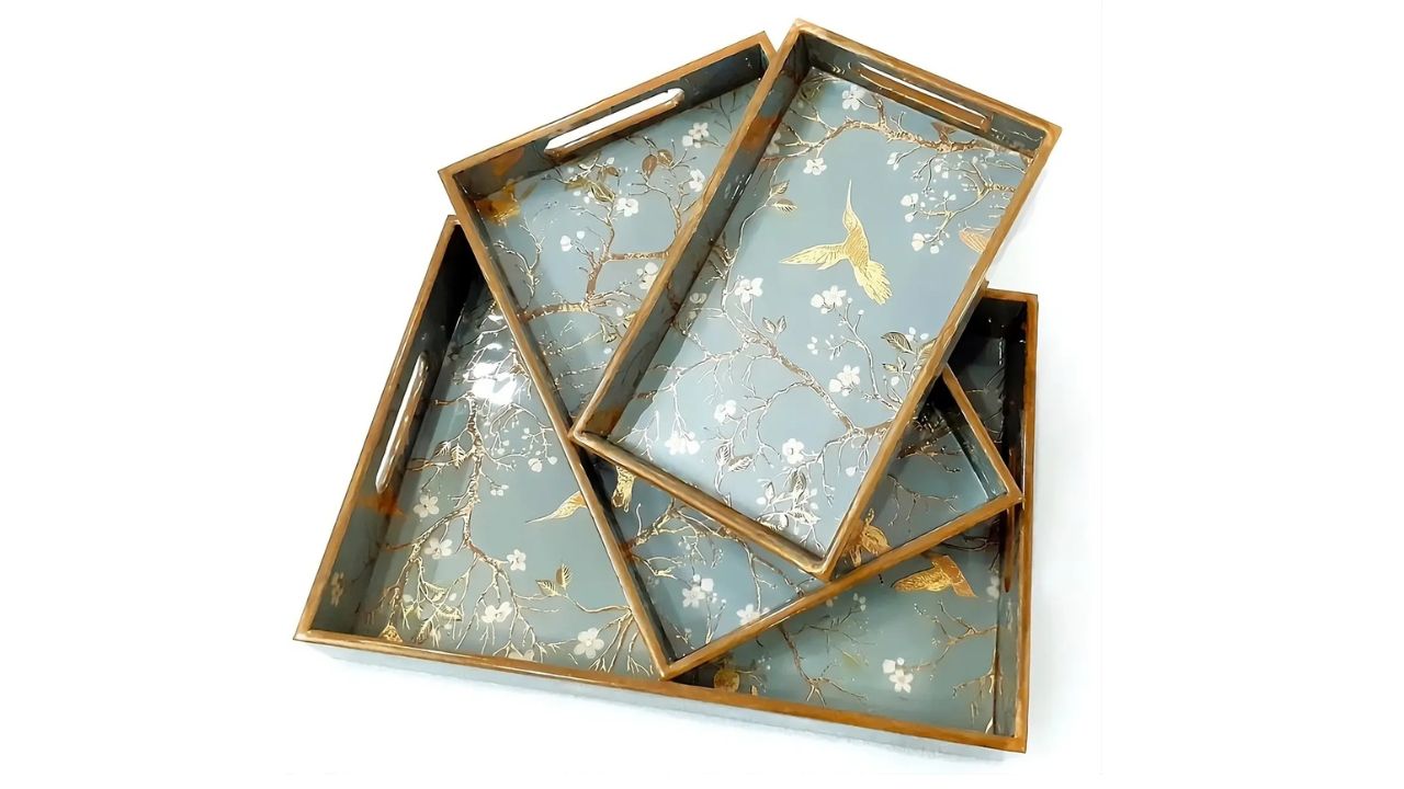 TrayFi Golden Bird Print Wooden Tray Set of 3 Serving Trays/Gift Item Tray