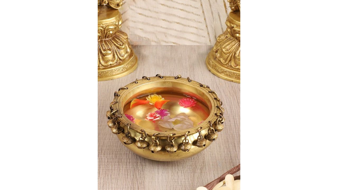 Two Moustaches Golden Ethnic Traditional Brass Urli Bowl With Bells