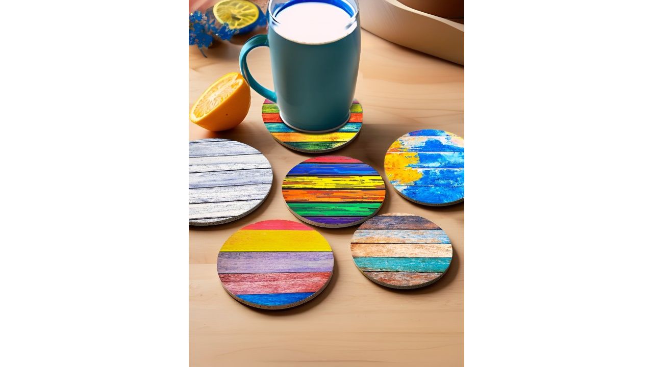 UMAI Blue & Yellow 6 Pieces Printed Ceramic Coasters Set With Holders
