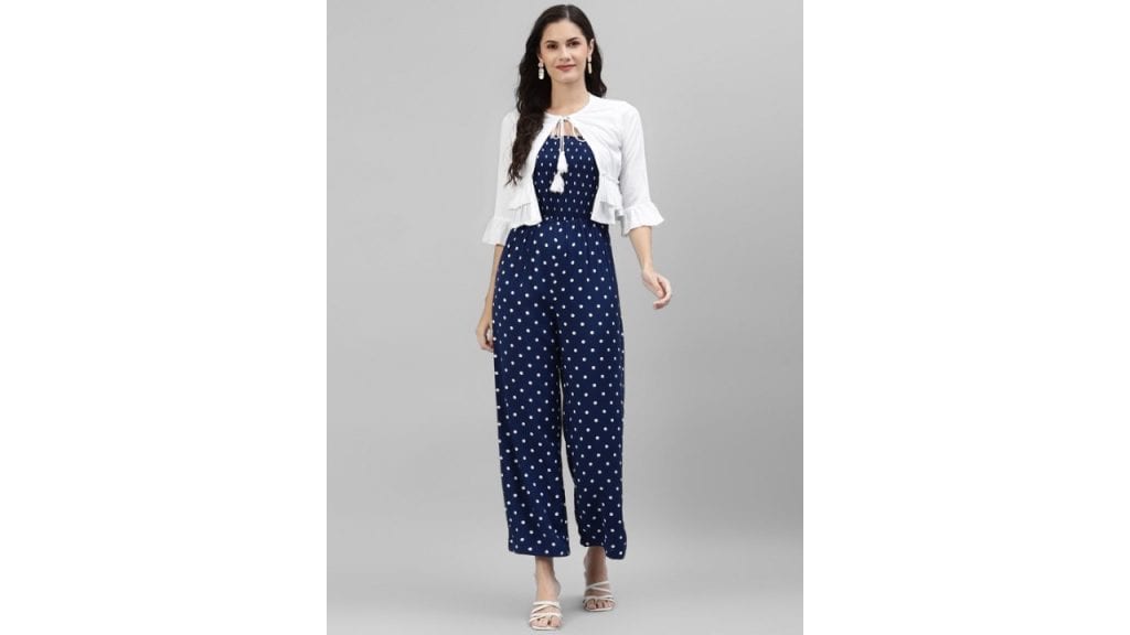 Vibes by DeebacoNavy Blue & White Polka Dot Culotte Jumpsuit