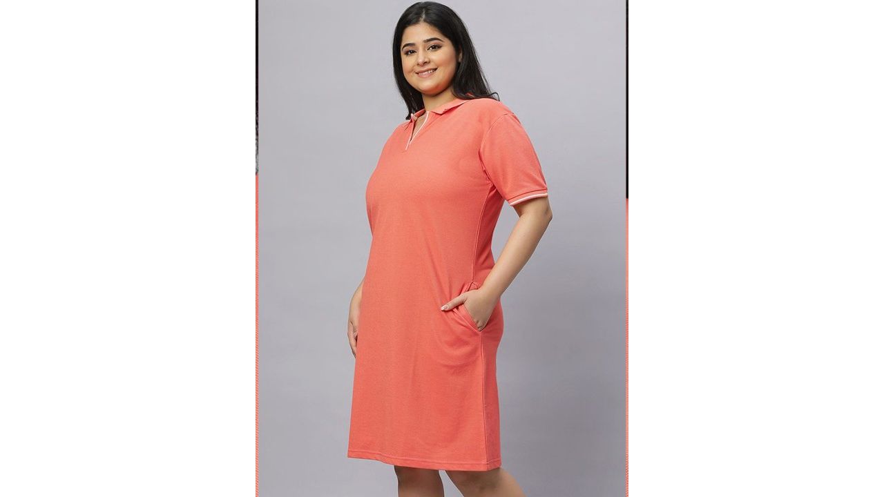 Wear Your Opinion Plus Size Polo Collar Knitted Weave Tipped T-shirt Dress