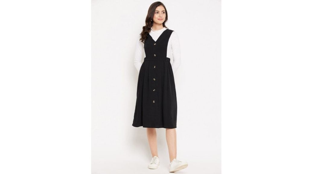 WineRed Women Black Crepe Pinafore Dress with button